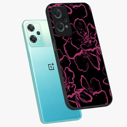 Black Violet Sketch Garden Glass Case for 1+Nord Ce 2 Lite angled mockup showcasing glossy finish and hand drawn garden design