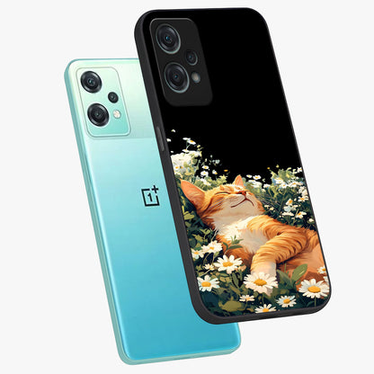 Blissful Bloom Cat Glass Case for 1+Nord Ce 2 Lite angled mockup showcasing glossy glass finish and vibrant bloom detailing