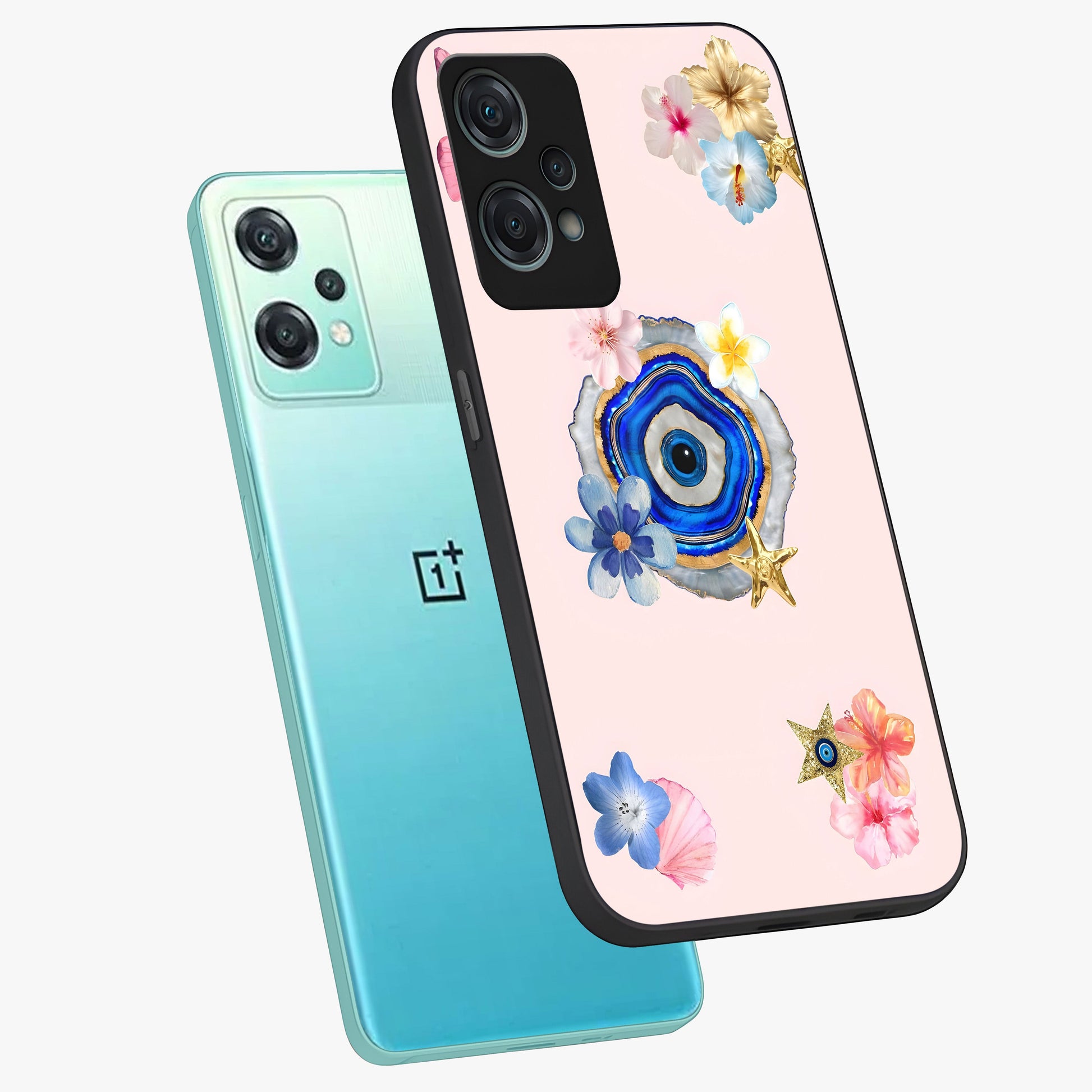Blossom Evil Charm Glass Case for 1+Nord Ce 2 Lite angled mockup showcasing glossy finish and protective charm design