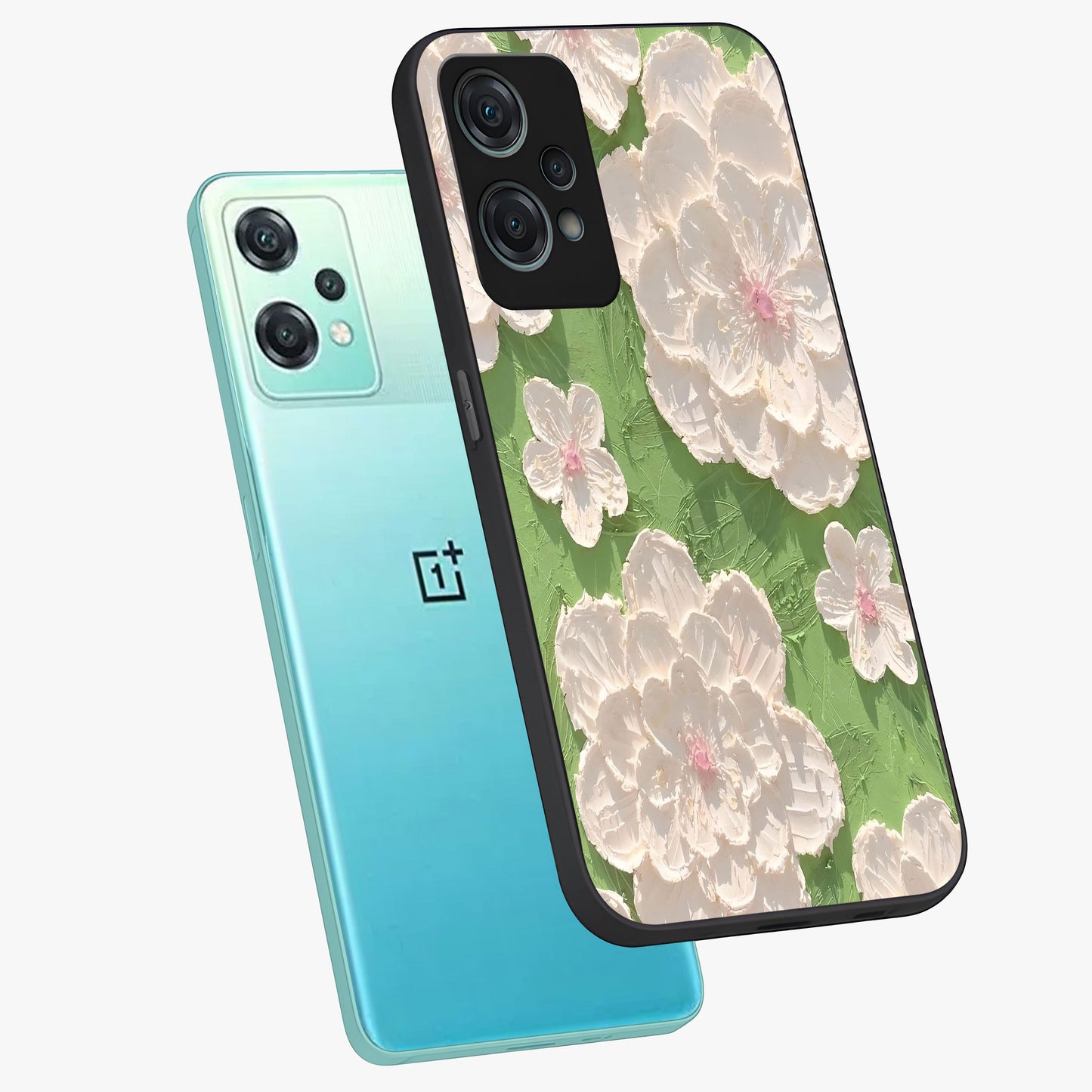 Blossom Meadow Dreams Glass Case for 1+Nord Ce 2 Lite angled mockup showcasing glossy finish and pastel bloom textures