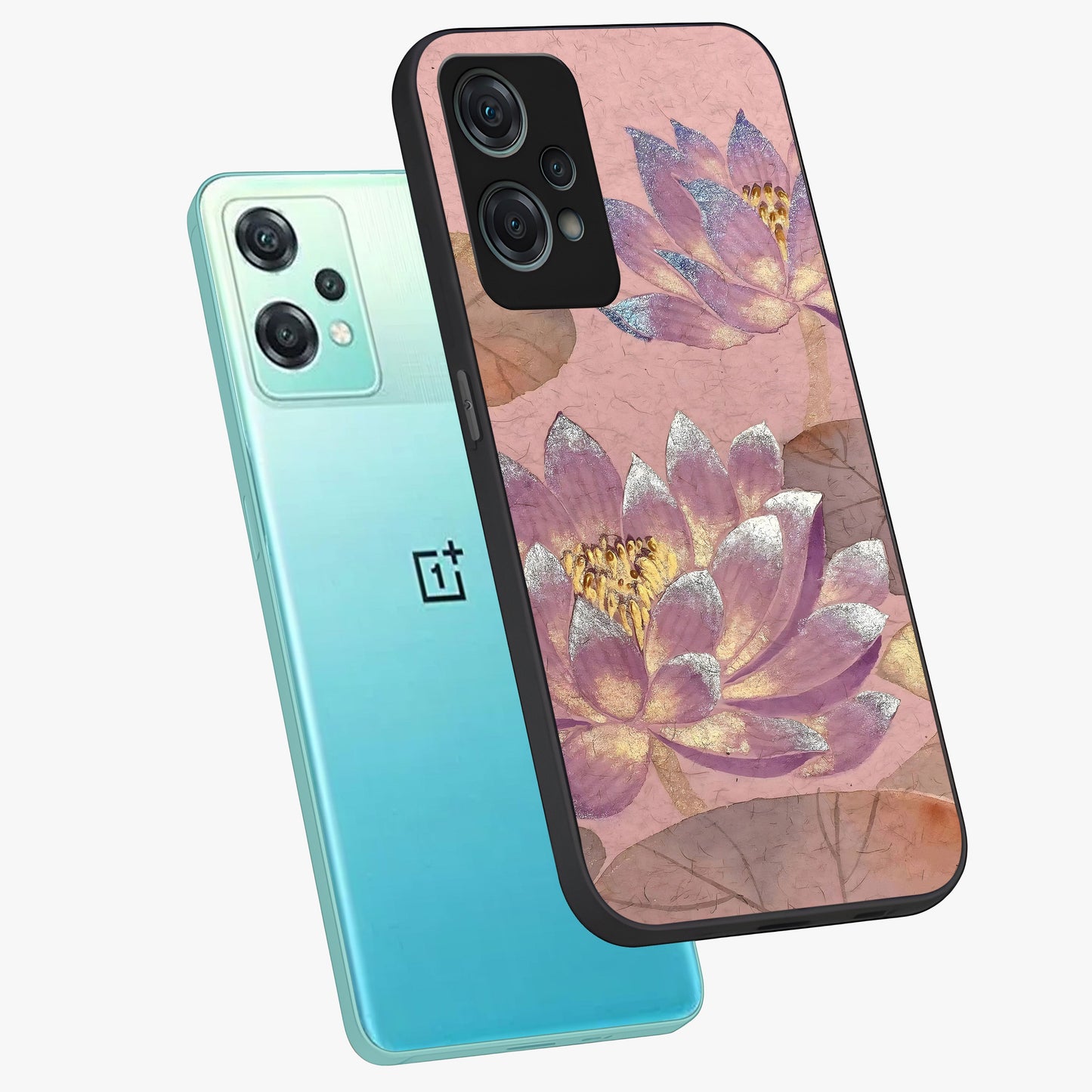 Blossom Mist Lotus Glass Case for 1+Nord Ce 2 Lite angled mockup showcasing glossy finish and peaceful floral detailing