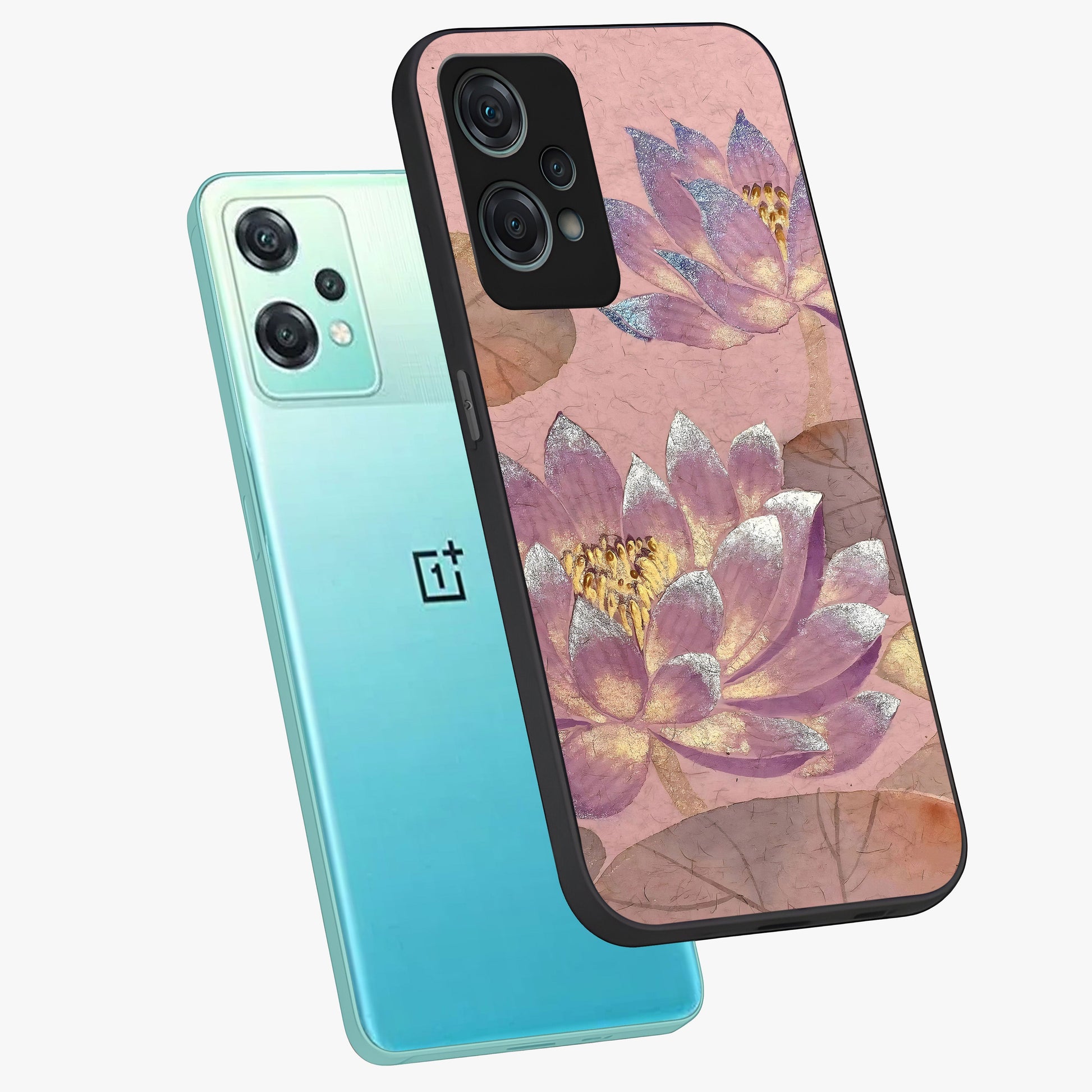 Blossom Mist Lotus Glass Case for 1+Nord Ce 2 Lite angled mockup showcasing glossy finish and peaceful floral detailing