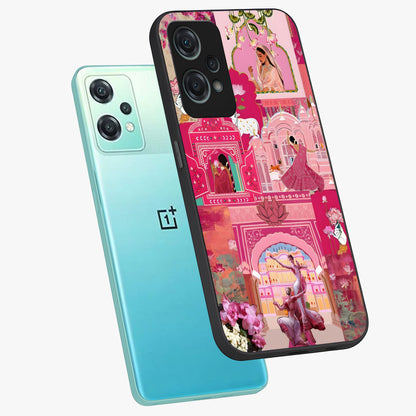 Blossoms of Rajasthan Glass Case for 1+Nord Ce 2 Lite angled mockup showcasing glossy finish and rich cultural patterns