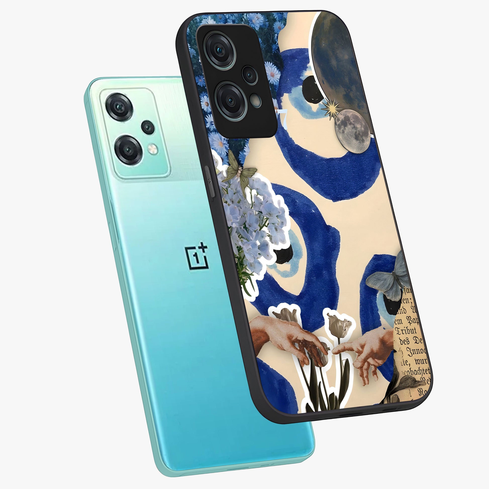 Blue Evil Divine Glass Case for 1+Nord Ce 2 Lite angled mockup showcasing glossy finish and striking blue symbol design