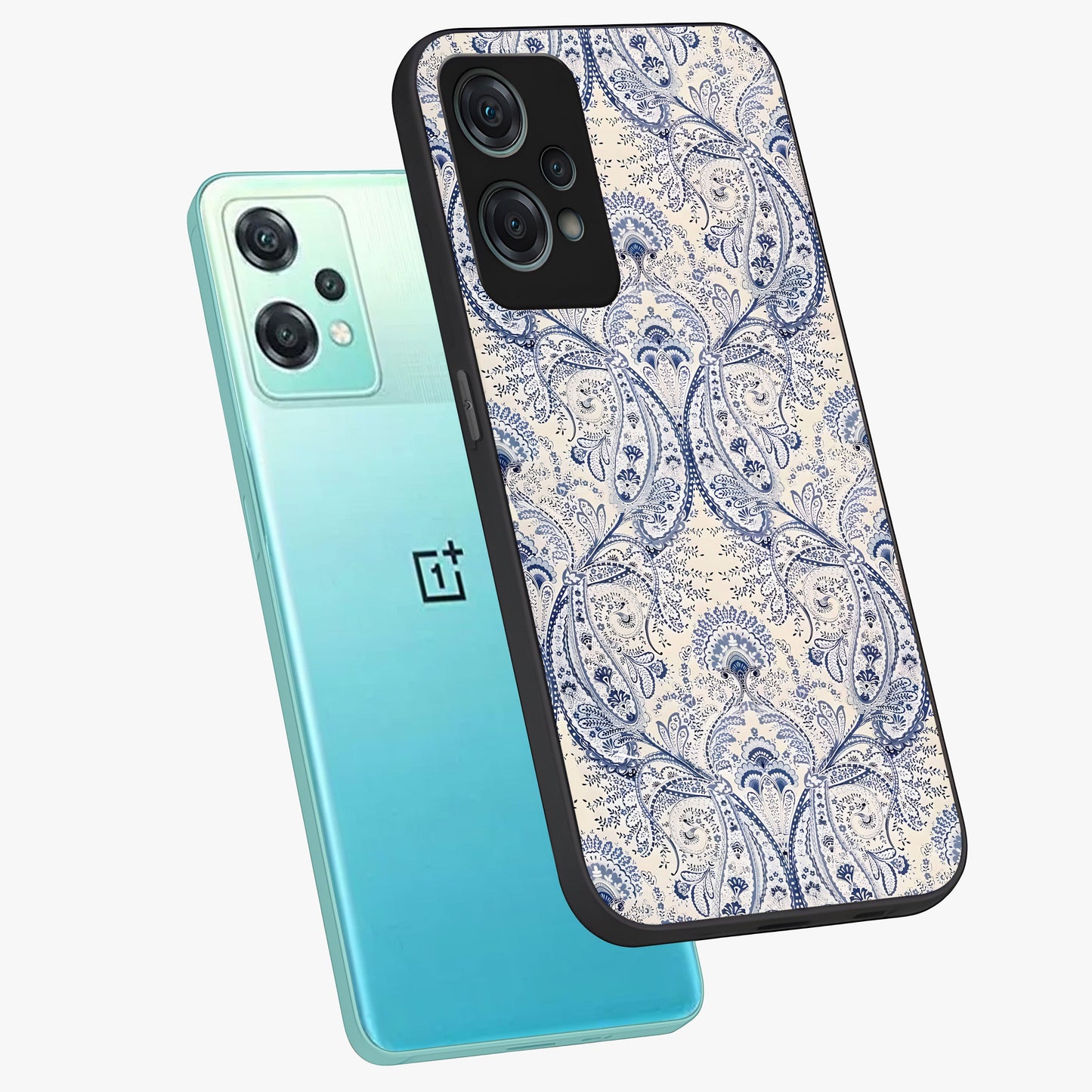 Blue Paisley Bloom Glass Case for 1+Nord Ce 2 Lite angled mockup showcasing glossy finish and detailed ornamental design