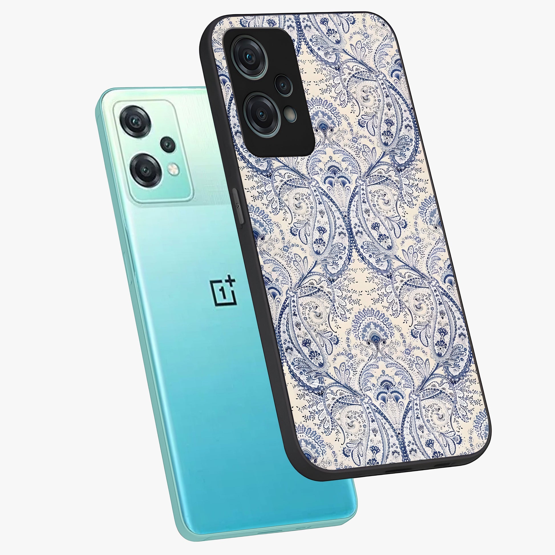 Blue Paisley Bloom Glass Case for 1+Nord Ce 2 Lite angled mockup showcasing glossy finish and detailed ornamental design