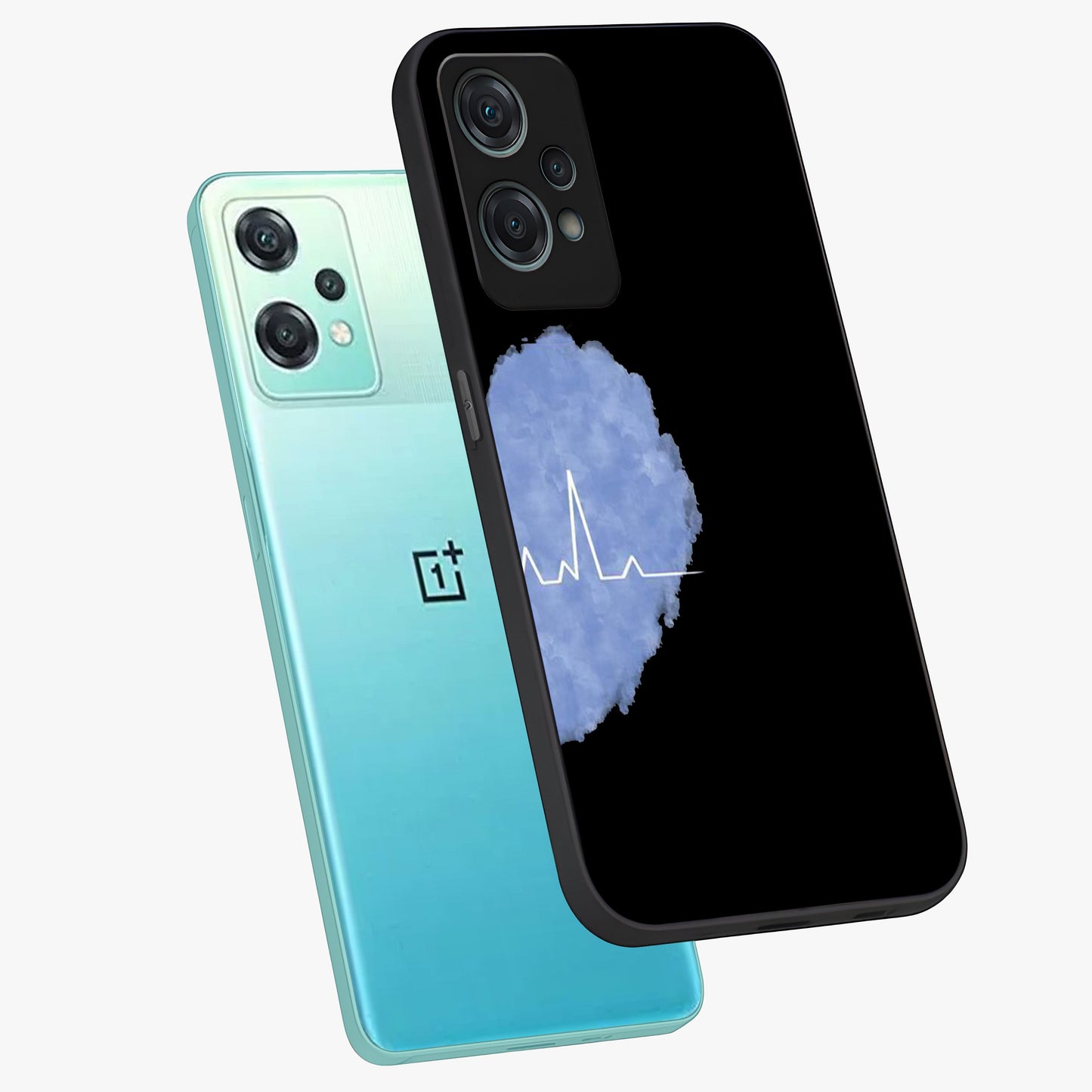 Blue Pulse Bond Glass Case for 1+Nord Ce 2 Lite angled mockup showcasing glossy glass finish and vibrant energy design