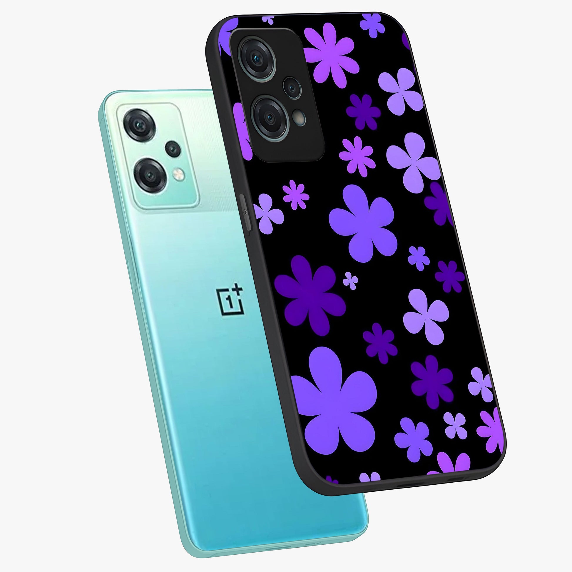 Blue Retro Pop Flowers Glass Case for 1+Nord Ce 2 Lite angled mockup showcasing glossy finish and playful pop flower design