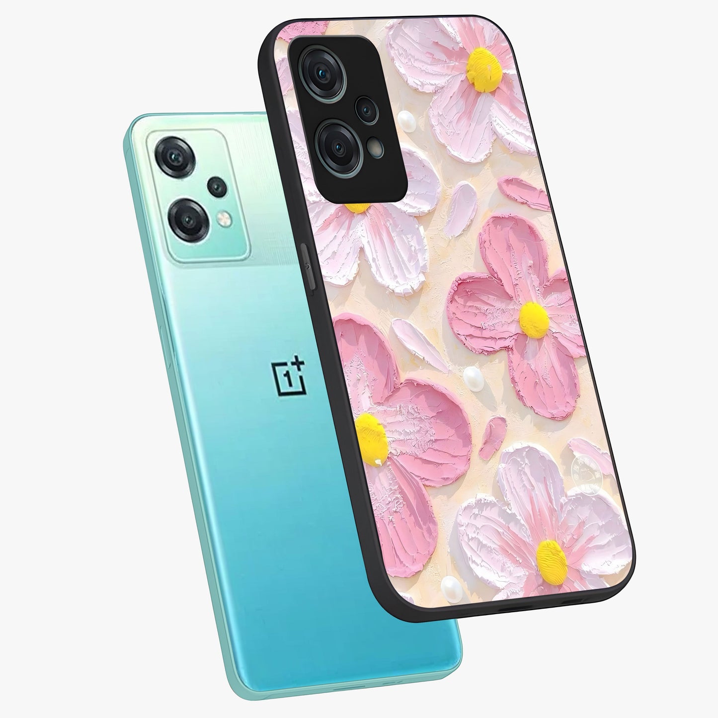 Blush Bloom Texture Glass Case for 1+Nord Ce 2 Lite angled mockup showcasing glossy finish and layered texture detailing