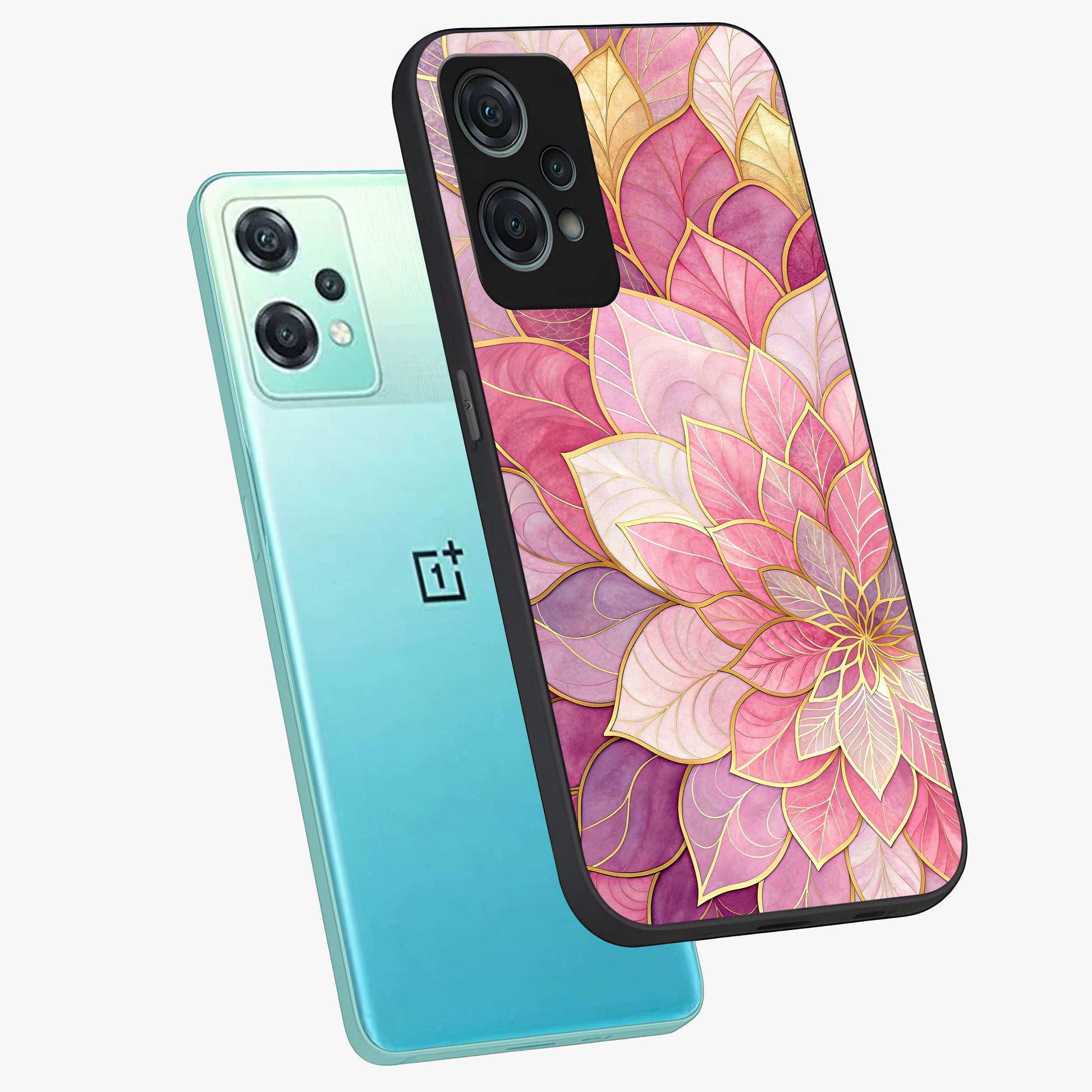 Blushing Love Moment Glass Case for 1+Nord Ce 2 Lite angled mockup showcasing glossy finish and elegant romantic design