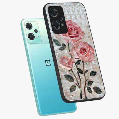 Blush Luxe Bloom Glass Case for 1+Nord Ce 2 Lite angled mockup showcasing glossy finish and premium bloom design