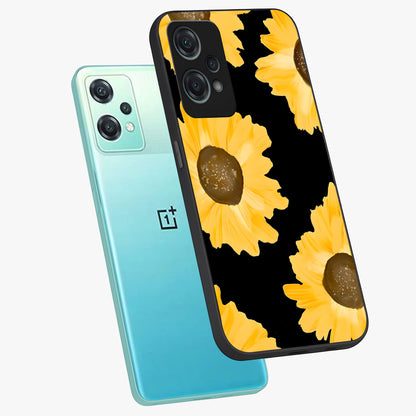 Bold Sunflowers Glow Glass Case for 1+Nord Ce 2 Lite angled mockup showcasing glossy glass finish and bright floral detailing