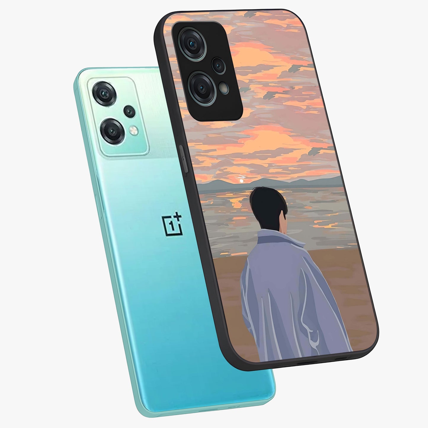 Boy Facing Sunset Beach Glass Case for 1+Nord Ce 2 Lite angled mockup showcasing glossy finish and warm beach tones