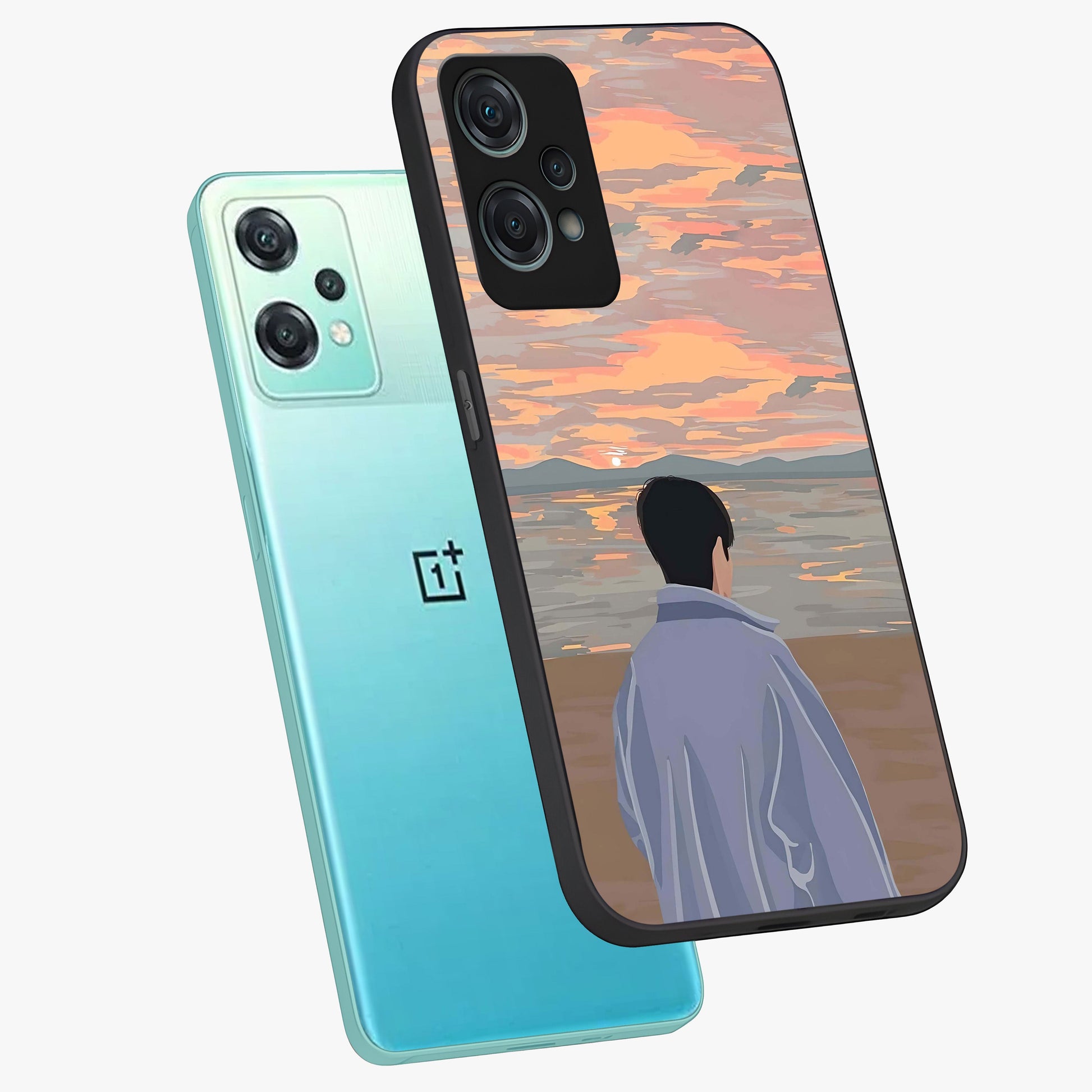 Boy Facing Sunset Beach Glass Case for 1+Nord Ce 2 Lite angled mockup showcasing glossy finish and warm beach tones