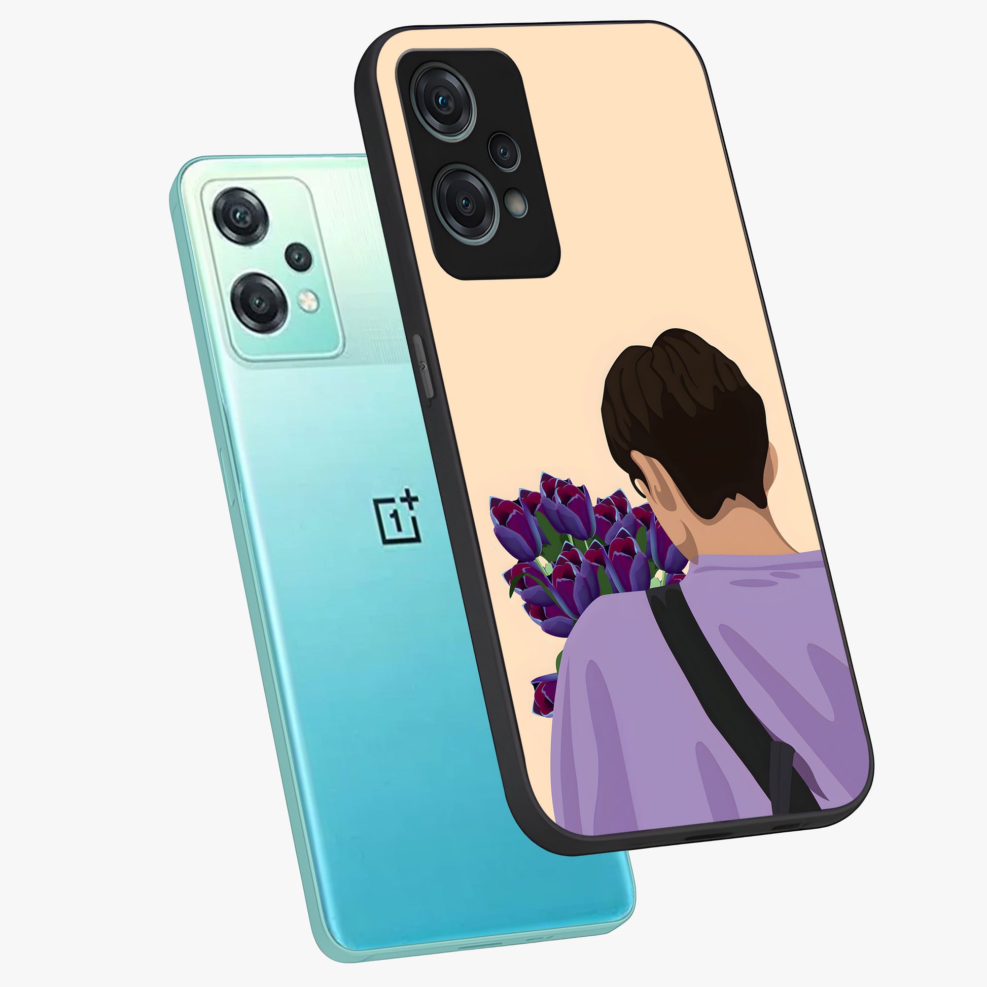 Boy Holding Flowers Glass Case for 1+Nord Ce 2 Lite angled mockup showcasing glossy finish and gentle pastel artwork