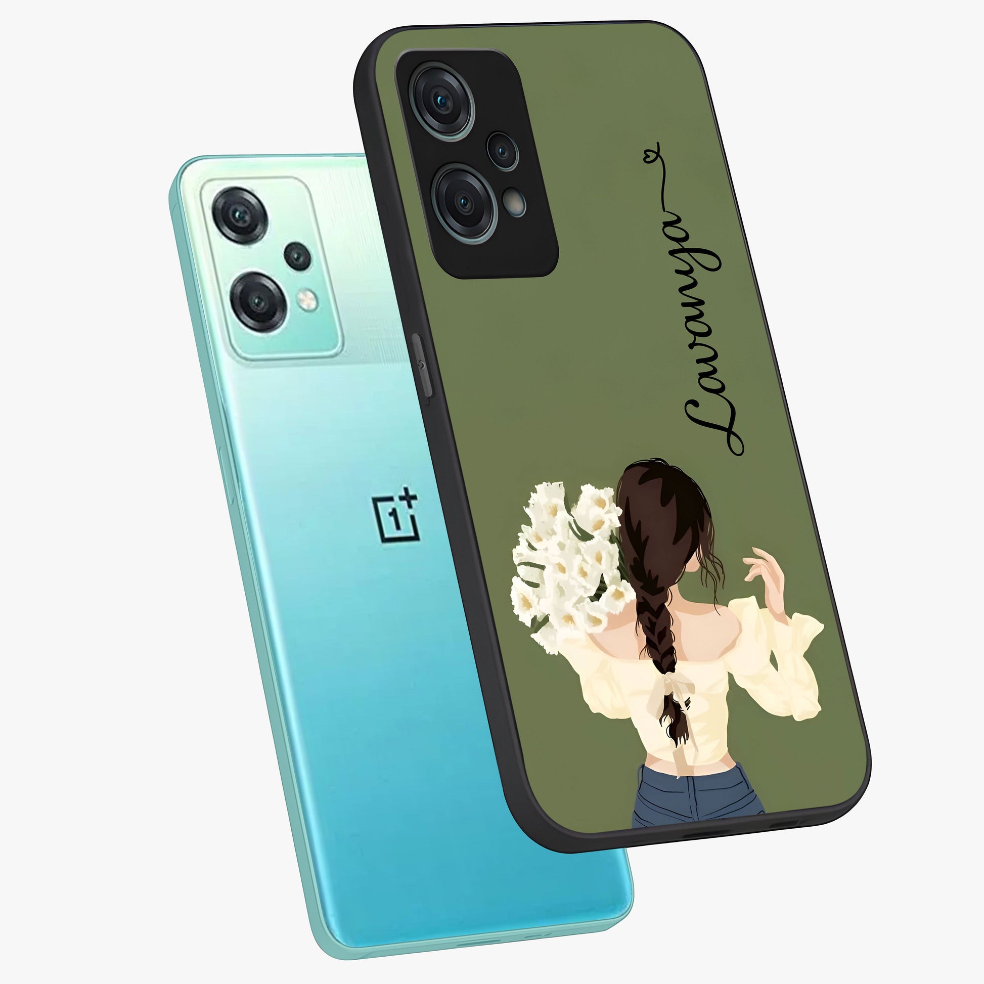 Braided Spring Beauty With Custom Name Glass Case for 1+Nord Ce 2 Lite angled mockup showcasing glossy finish and spring inspired detailing