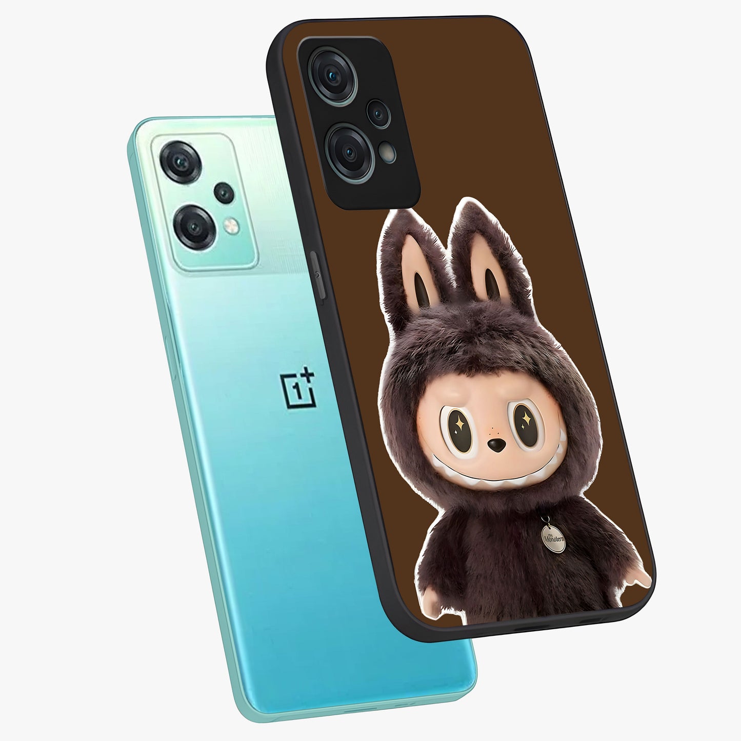 Brown Labubu Design Glass Case for 1+Nord Ce 2 Lite angled mockup showcasing glossy finish and detailed cartoon illustration