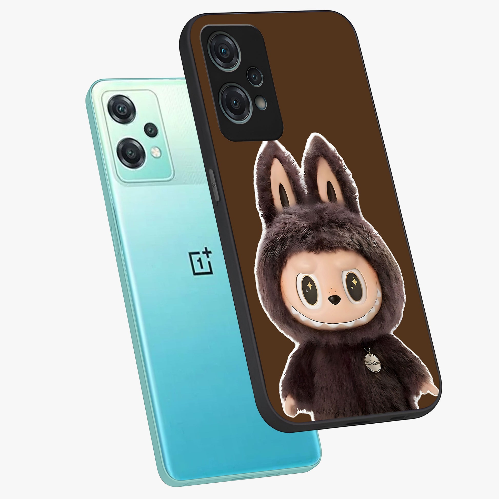 Brown Labubu Design Glass Case for 1+Nord Ce 2 Lite angled mockup showcasing glossy finish and detailed cartoon illustration