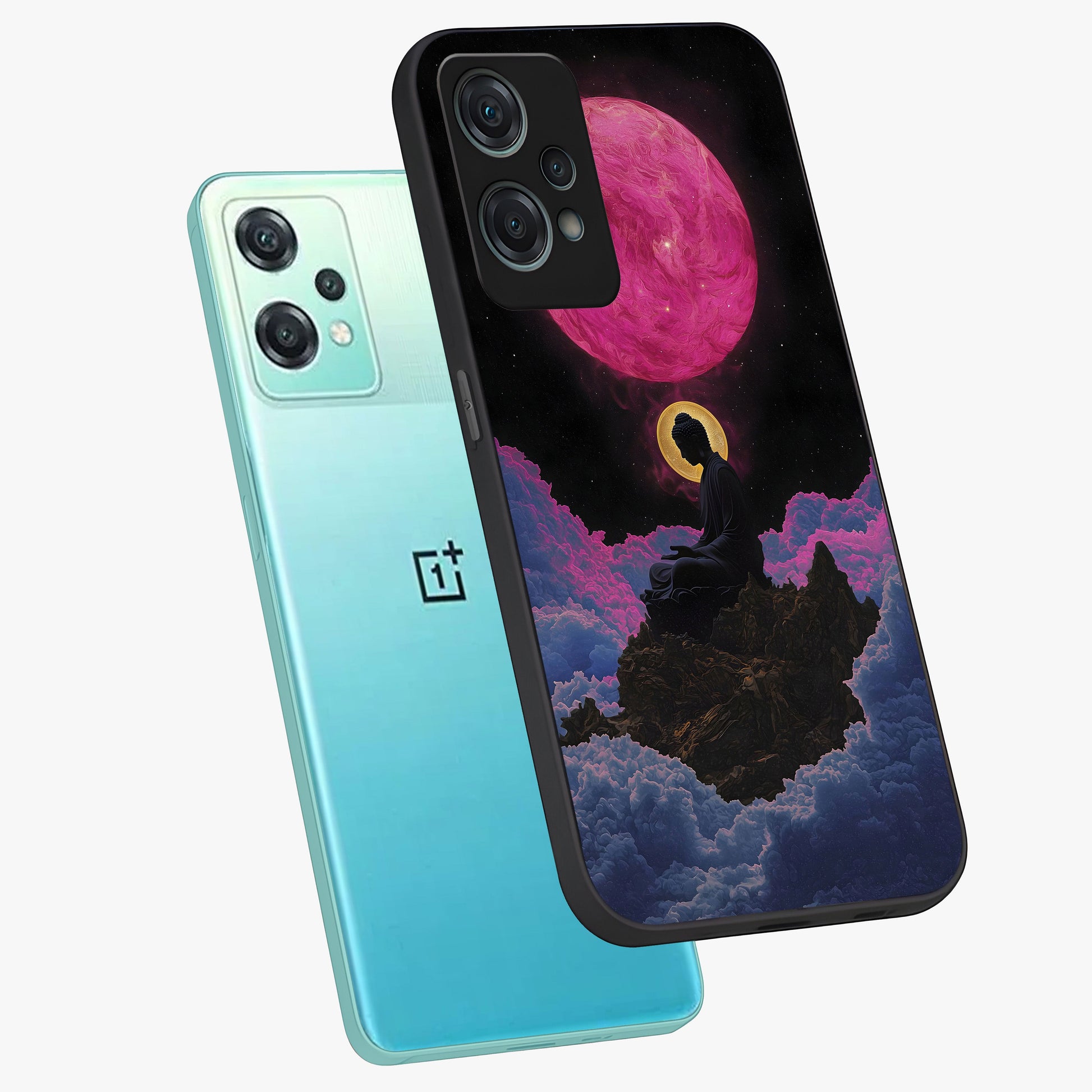 Buddha and Planets Glass Case for 1+Nord Ce 2 Lite angled mockup showcasing glossy finish and spiritual cosmic design