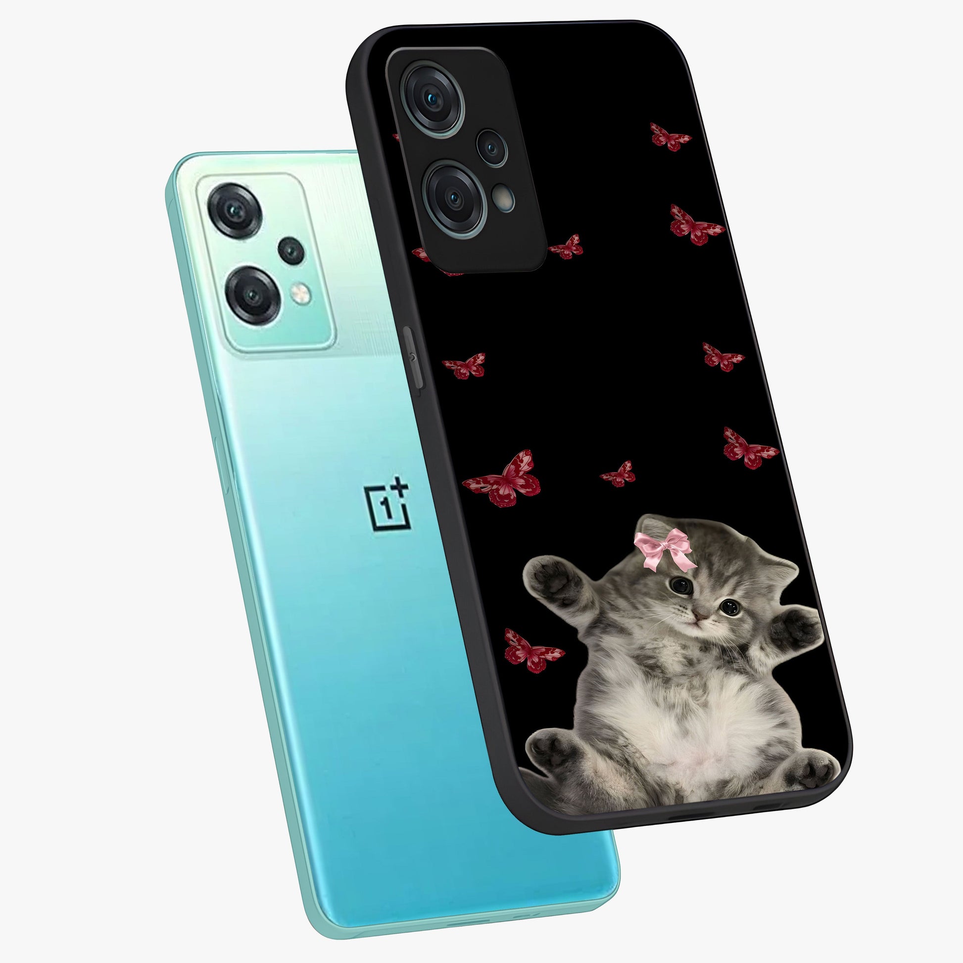 Butterfly Cat Bliss Glass Case for 1+Nord Ce 2 Lite angled mockup showcasing glossy finish and soft pastel tones