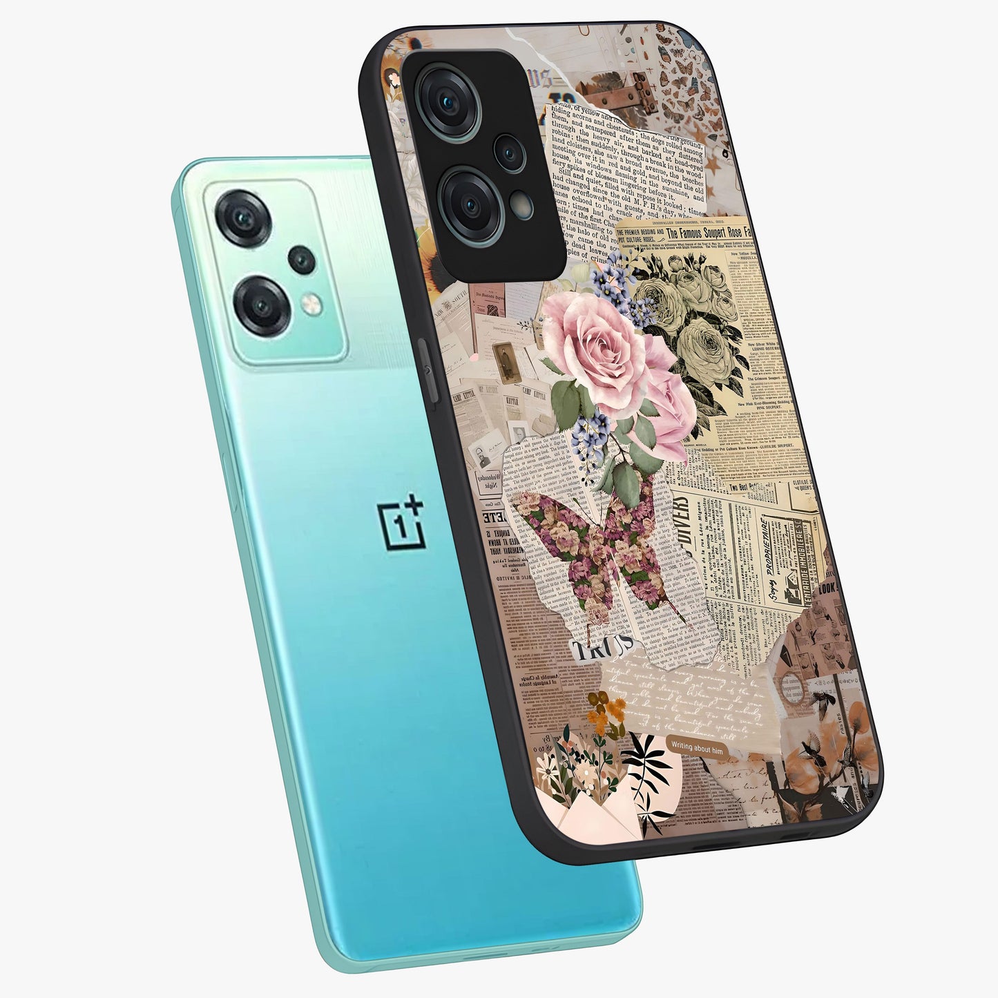 Butterfly News Bloom Glass Case for 1+Nord Ce 2 Lite angled mockup showcasing glossy finish and vibrant nature design