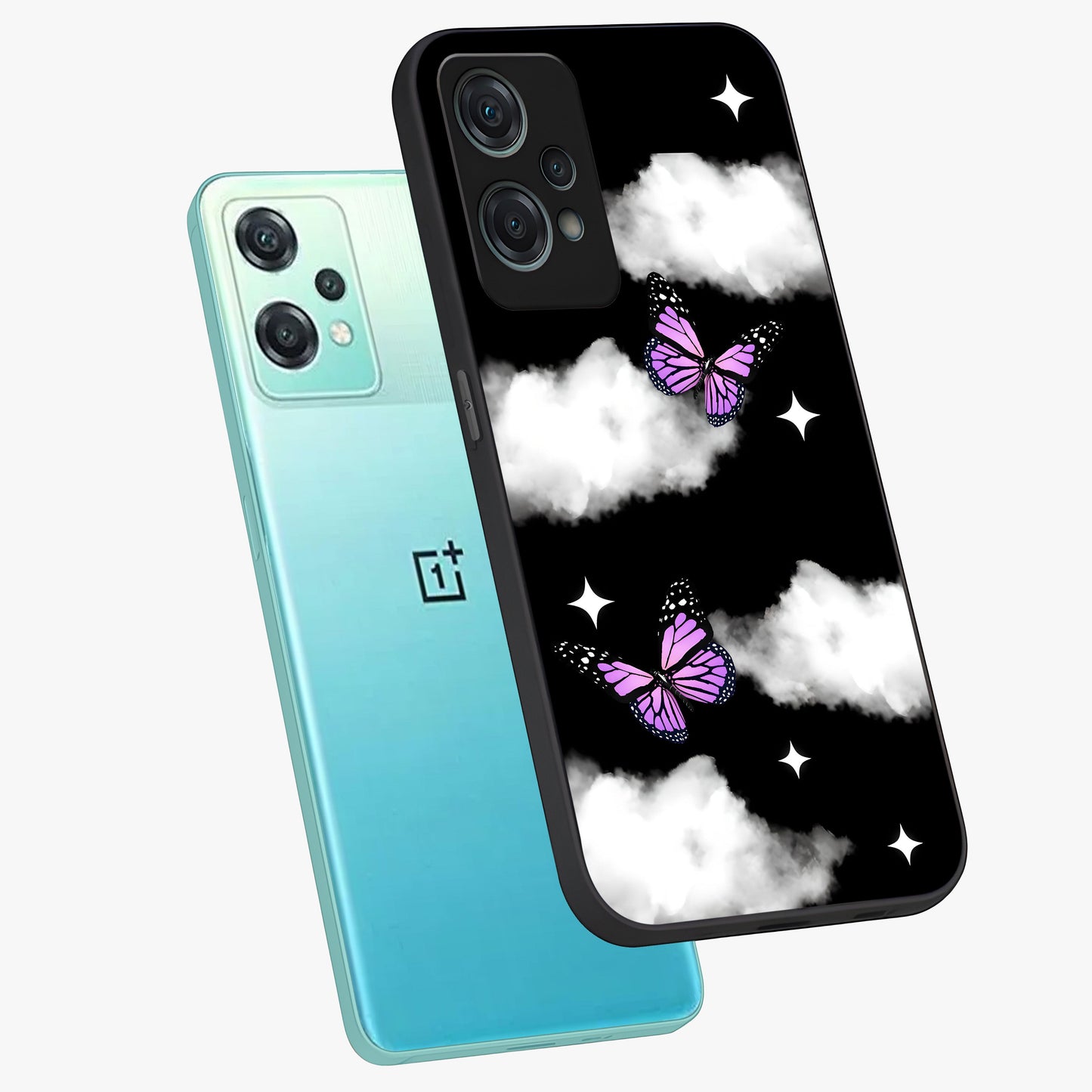 Butterfly Night Drift Glass Case for 1+Nord Ce 2 Lite angled mockup showcasing glossy finish and deep midnight gradients