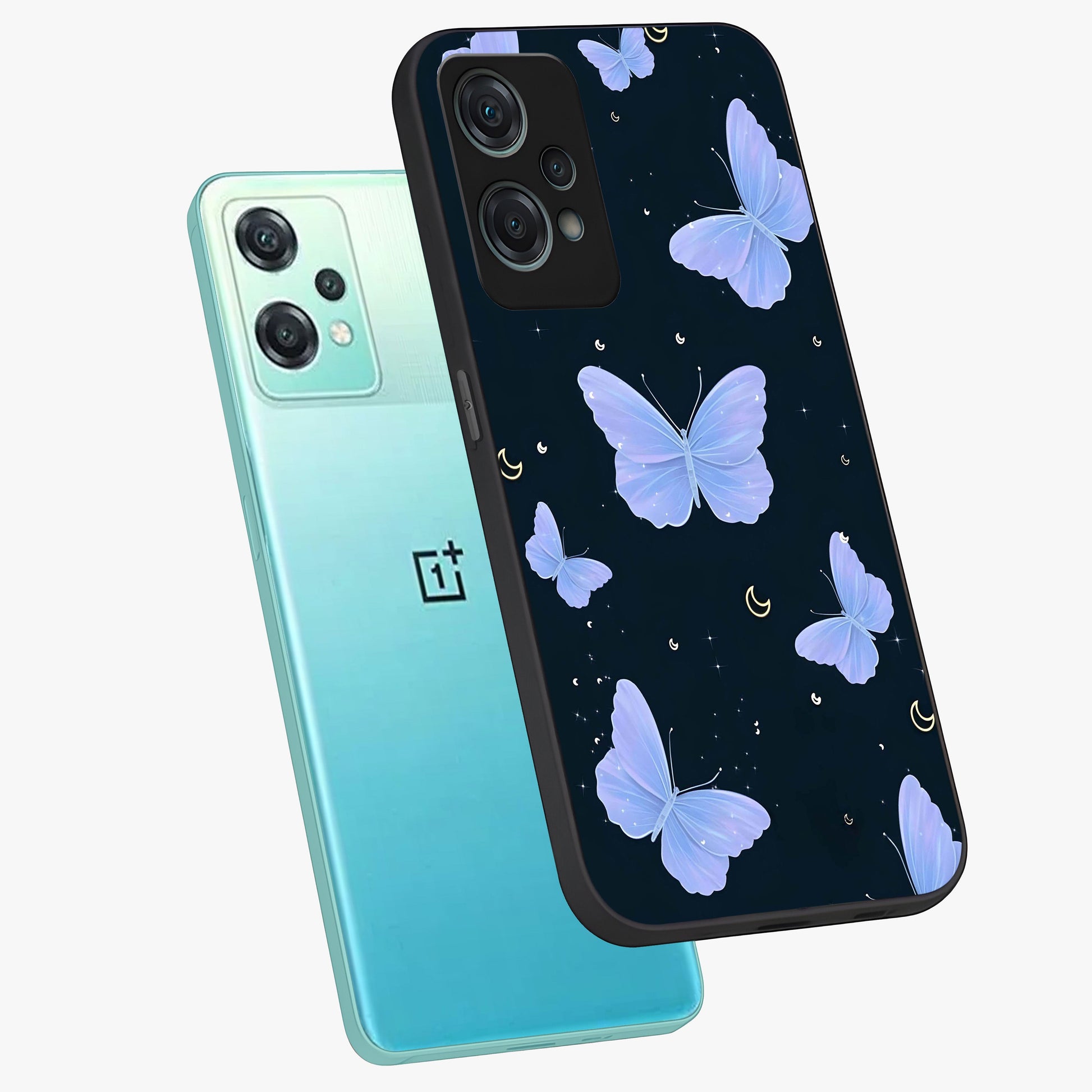 Butterfly With Stars Pattern Glass Case for 1+Nord Ce 2 Lite angled mockup showcasing glossy finish and celestial inspired design