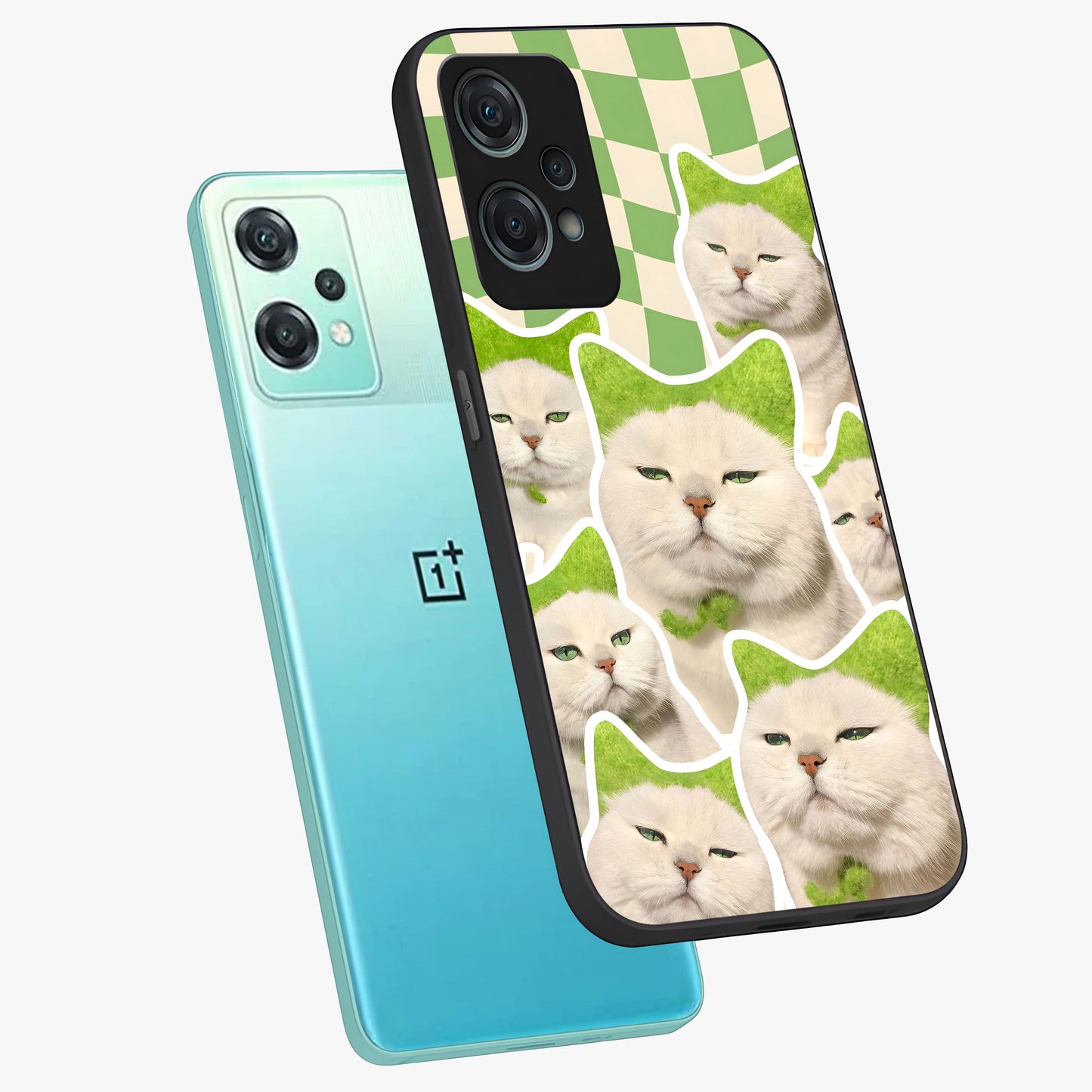 Cats Ethereal Bloom Glass Case for 1+Nord Ce 2 Lite angled mockup showcasing glossy finish and dreamy pastel tones