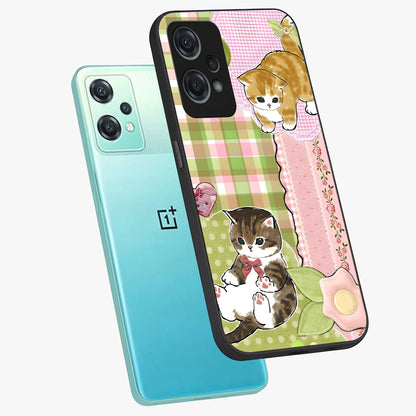Cats Sweet Button Glass Case for 1+Nord Ce 2 Lite angled mockup showcasing glossy finish and charming character design