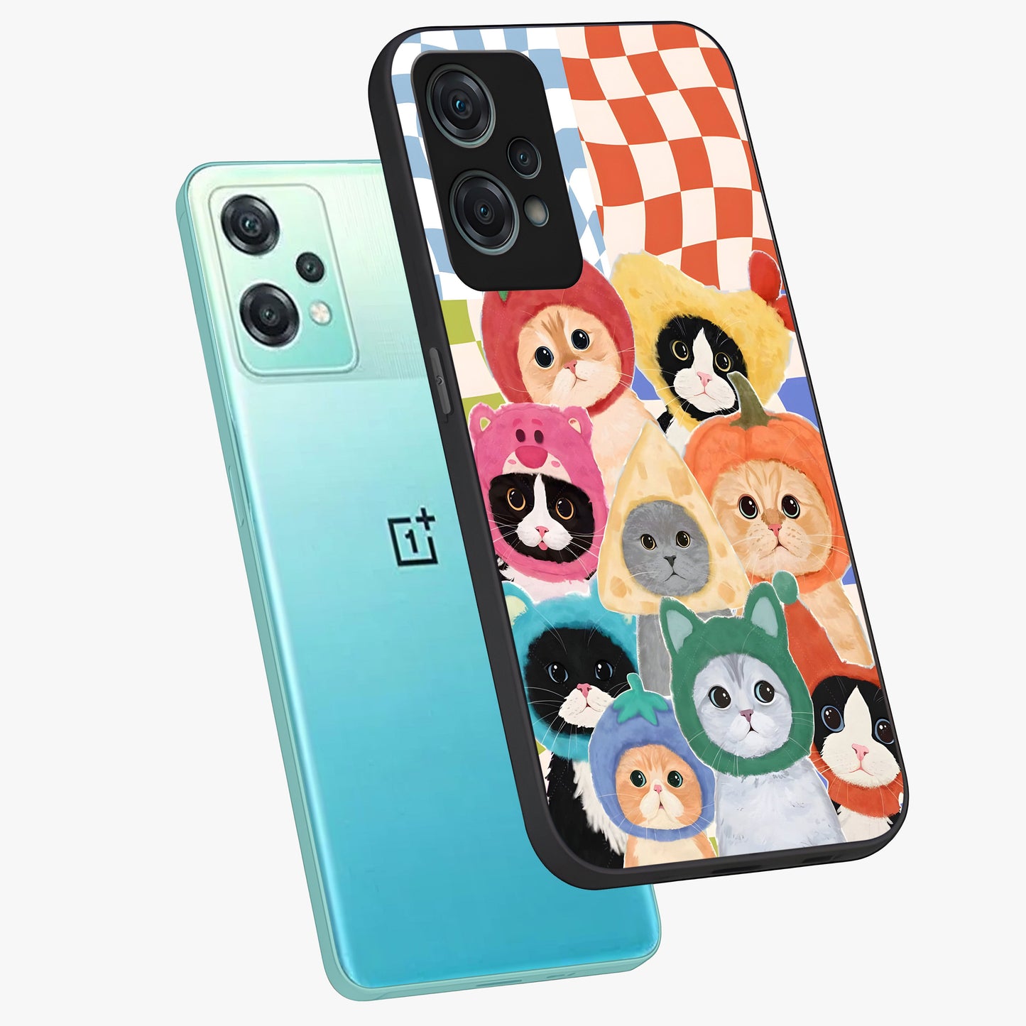 Cats in Fruits Glass Case for 1+Nord Ce 2 Lite angled mockup showcasing glossy finish and colorful aesthetic design