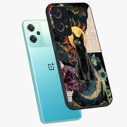 Celestial Black Cat Glass Case for 1+Nord Ce 2 Lite angled mockup showcasing glossy finish and celestial glow detailing