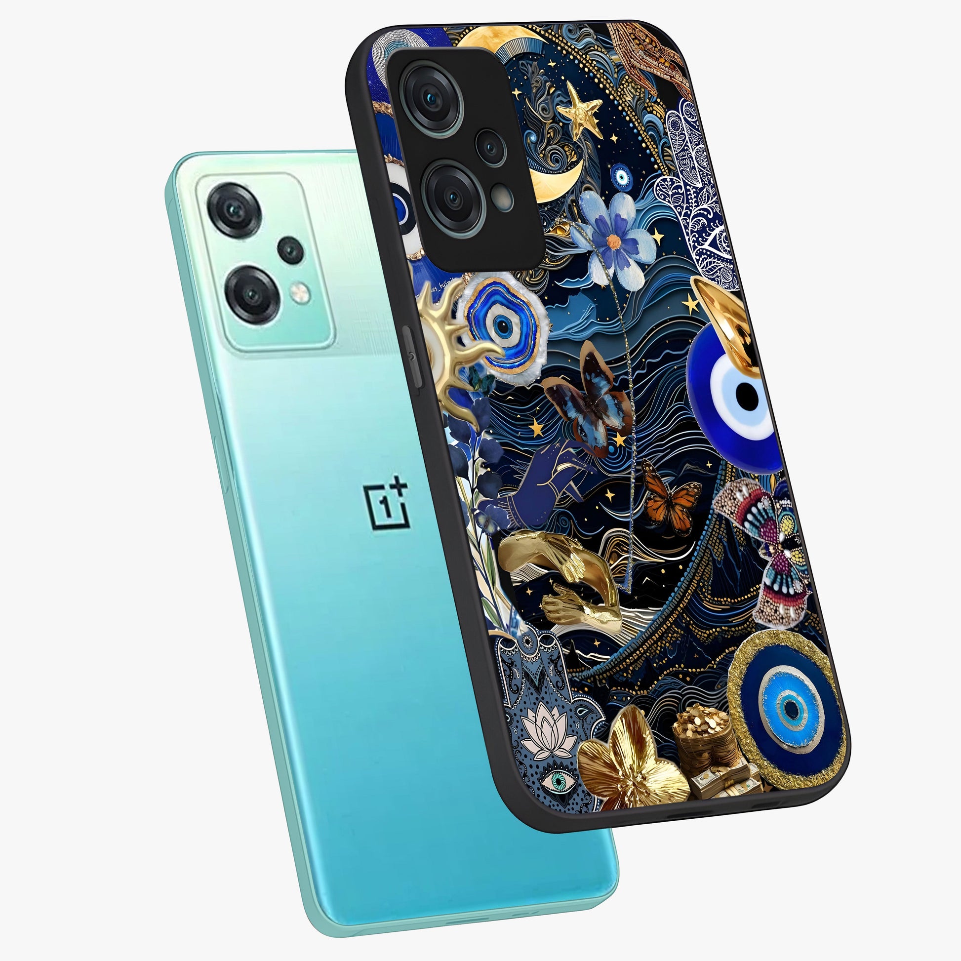 Celestial Blessing Shield Glass Case for 1+Nord Ce 2 Lite angled mockup showcasing glossy finish and divine design elements