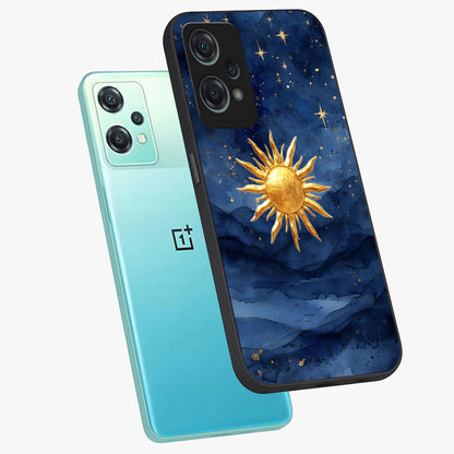 Celestial Blue Glow Glass Case for 1+Nord Ce 2 Lite angled mockup showcasing glossy finish and luminous celestial tones