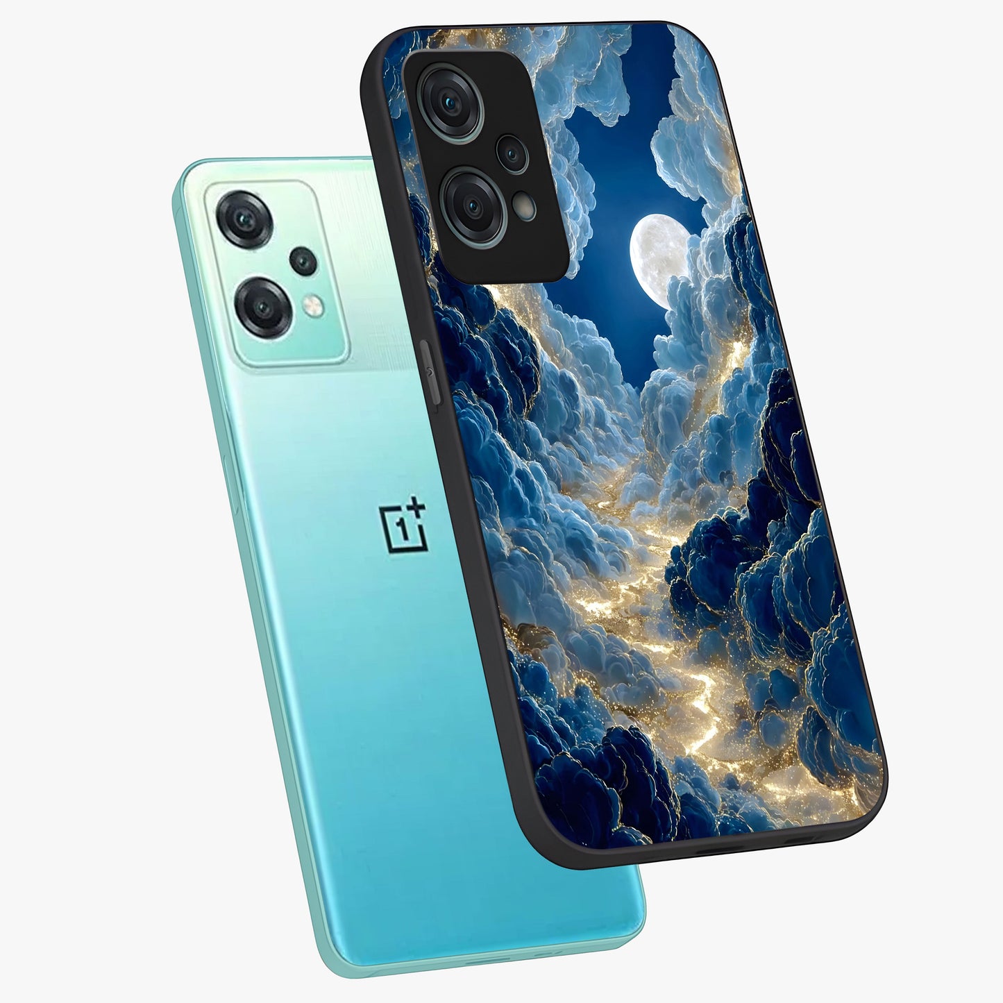 Celestial Cloud Path Glass Case for 1+Nord Ce 2 Lite angled mockup showcasing glossy finish and soft celestial gradients