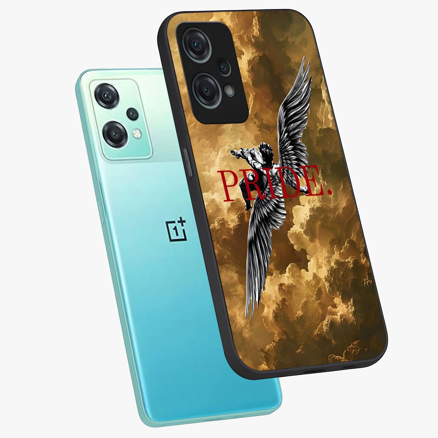 Celestial Fallen Pride Glass Case for 1+Nord Ce 2 Lite angled mockup showcasing glossy glass finish and intense night sky detailing