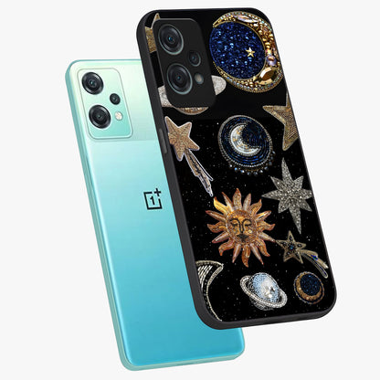 Celestial Gem Constellations Glass Case for 1+Nord Ce 2 Lite angled mockup showcasing glossy finish and sparkling cosmic design