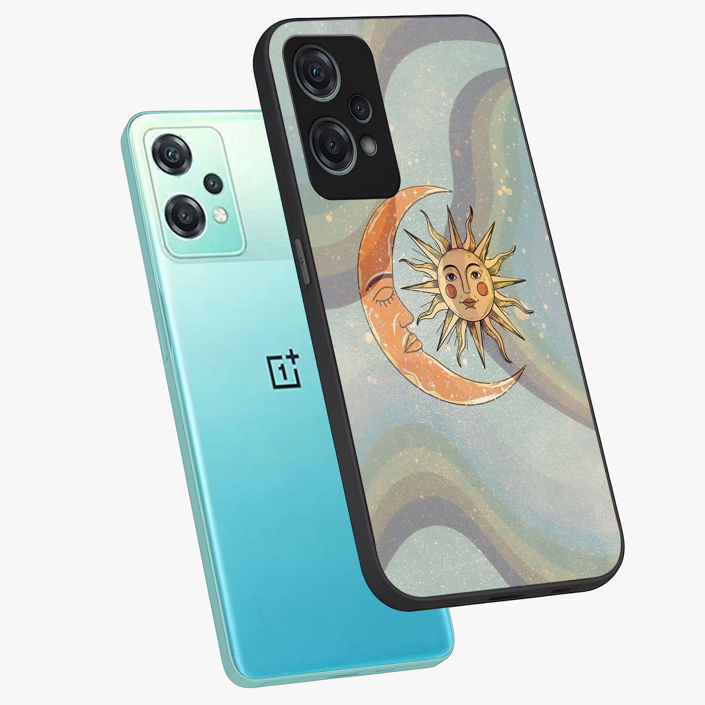 Celestial Harmony Vibes Glass Case for 1+Nord Ce 2 Lite angled mockup showcasing glossy finish and smooth celestial gradients