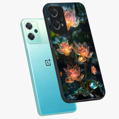 Celestial Lotus Light Glass Case for 1+Nord Ce 2 Lite angled mockup showcasing glossy finish and radiant celestial tones