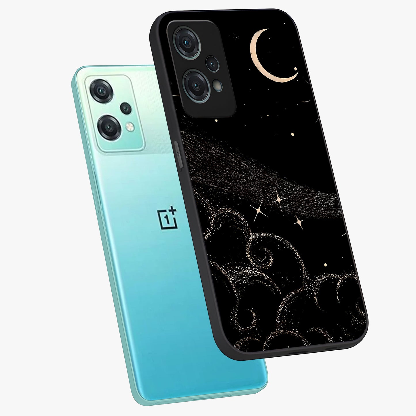 Celestial Midnight Veil Glass Case for 1+Nord Ce 2 Lite angled mockup showcasing glossy finish and dark celestial gradients