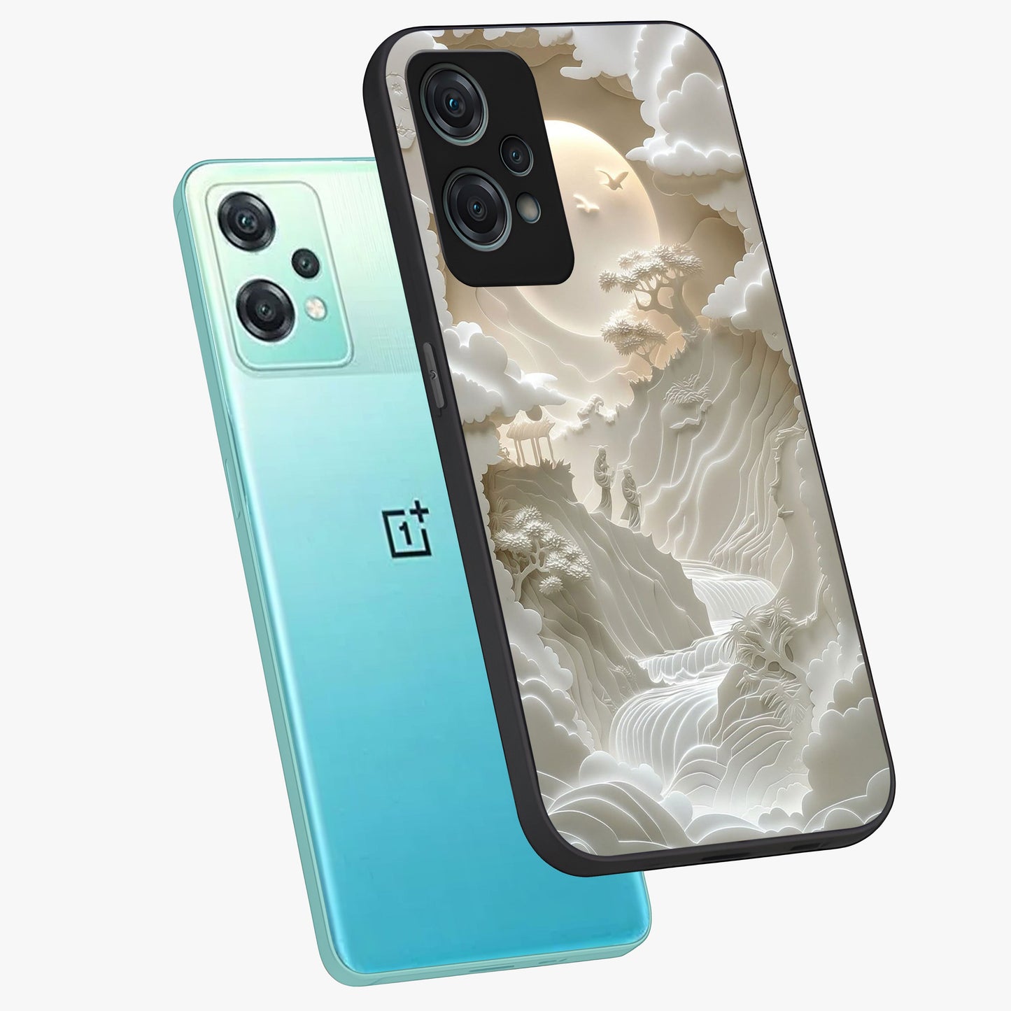 Celestial Origami Glass Case for 1+Nord Ce 2 Lite angled mockup showcasing glossy finish and geometric celestial design