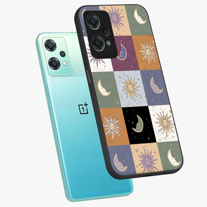 Celestial Patchwork Dreams Glass Case for 1+Nord Ce 2 Lite angled mockup showcasing glossy finish and layered celestial textures