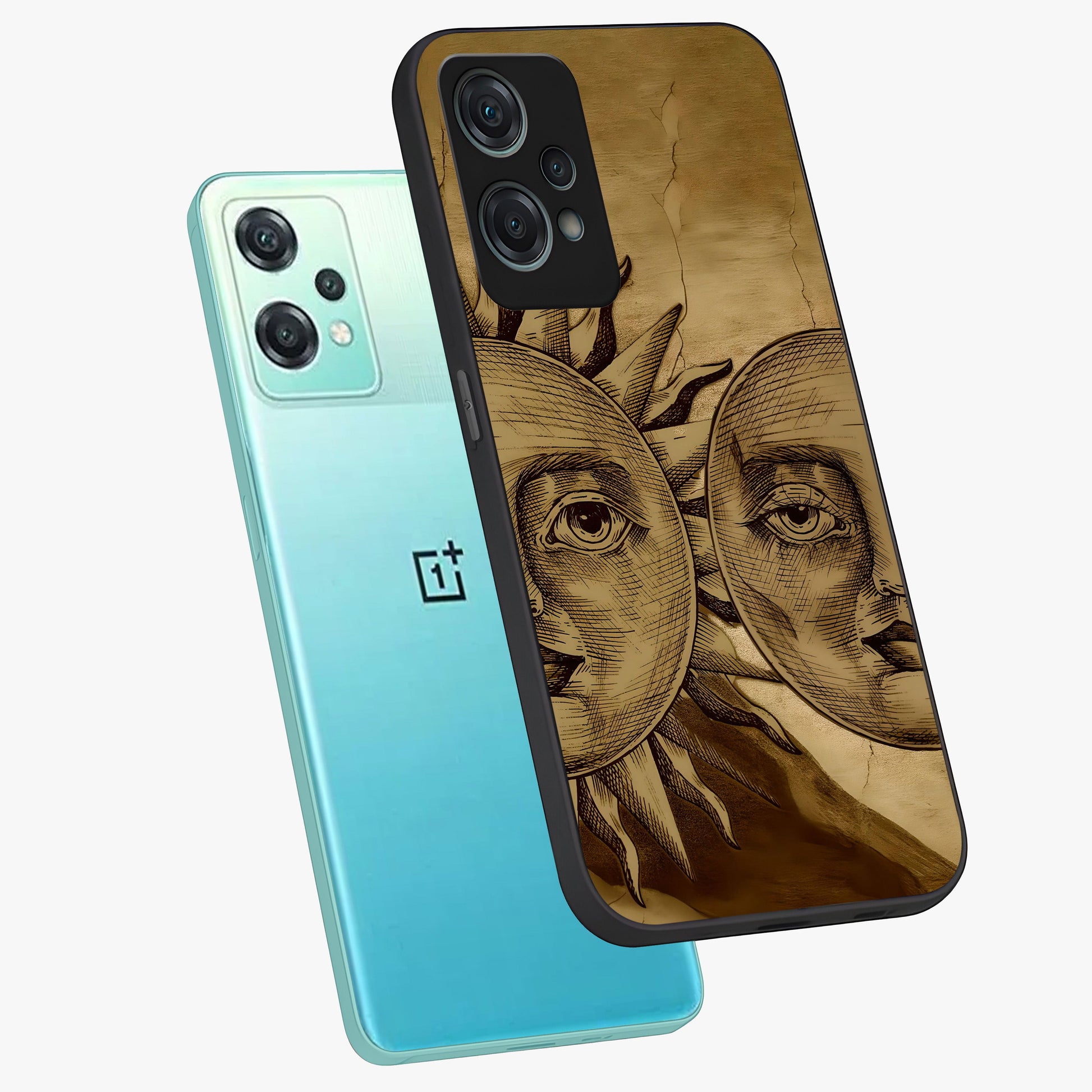 Celestial Relic Glow Glass Case for 1+Nord Ce 2 Lite angled mockup showcasing glossy finish and radiant glow detailing