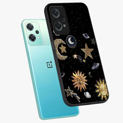 Celestial Star Charm Glass Case for 1+Nord Ce 2 Lite angled mockup showcasing glossy finish and shimmering celestial tones