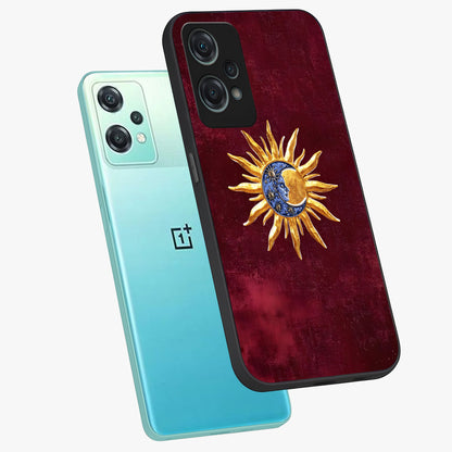 Celestial Unity Charm Glass Case for 1+Nord Ce 2 Lite angled mockup showcasing glossy finish and balanced cosmic design