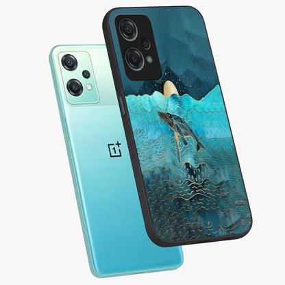 Celestial Whale Voyage Glass Case for 1+Nord Ce 2 Lite angled mockup showcasing glossy finish and deep celestial tones