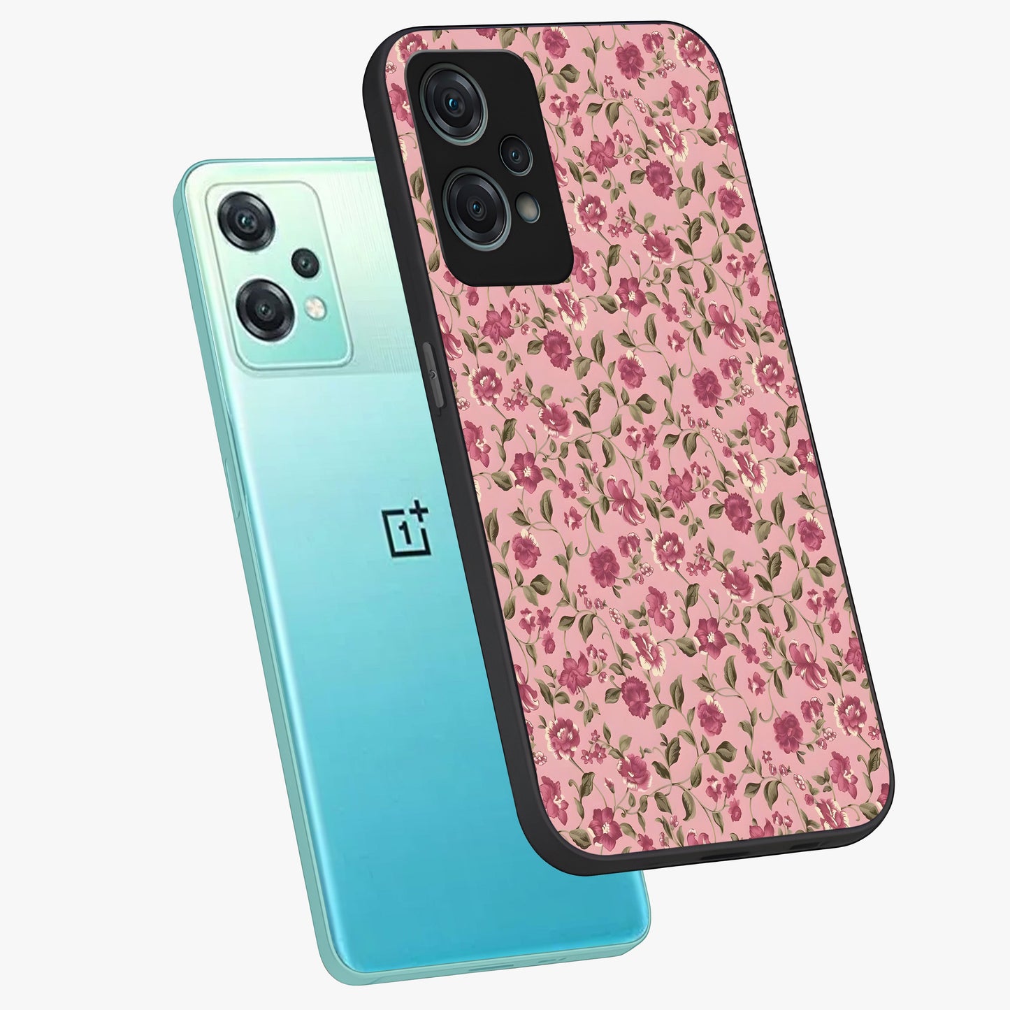 Charming Pink Floral Glass Case for 1+Nord Ce 2 Lite angled mockup showcasing glossy finish and elegant bloom detailing