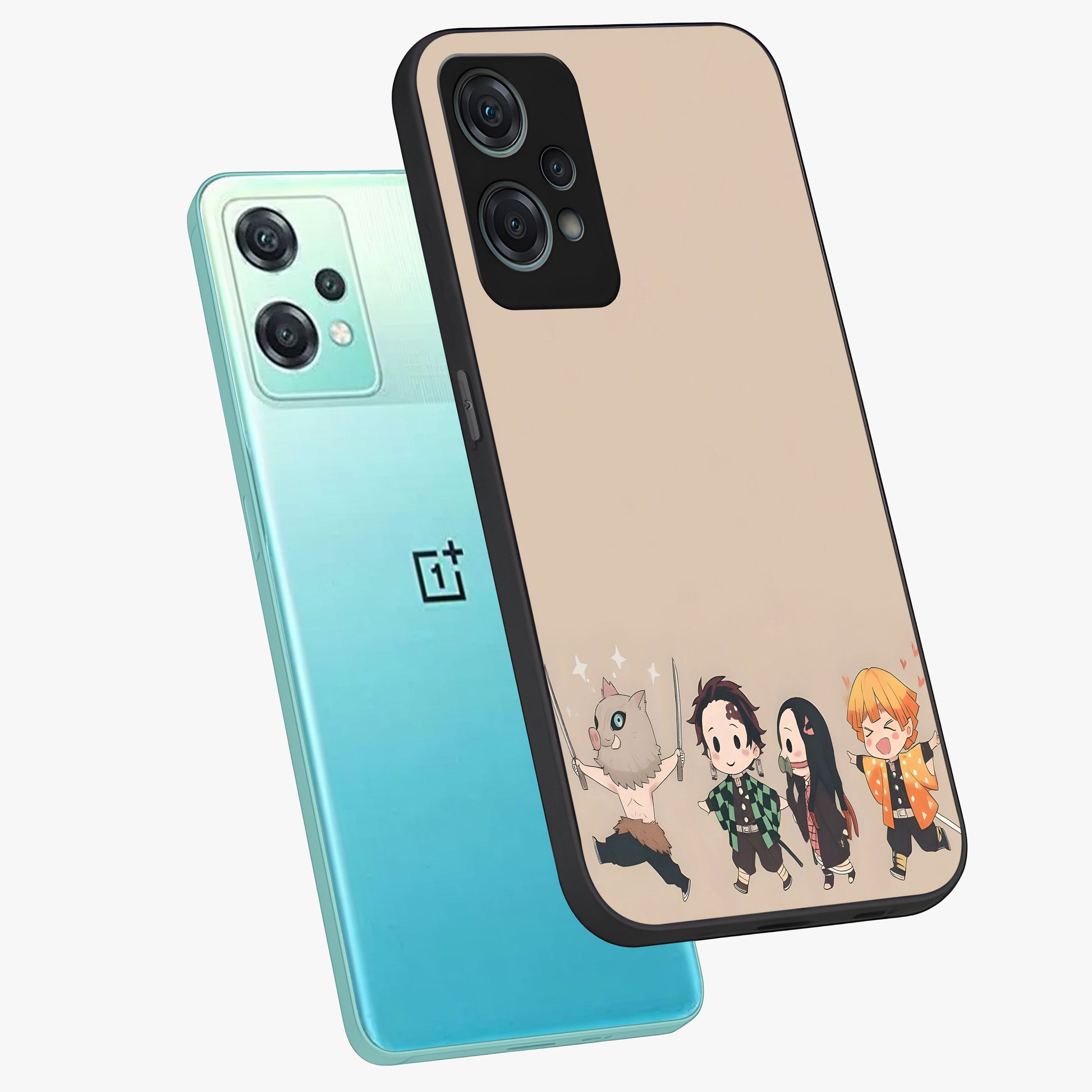 Chibi Demon Squad Glass Case for 1+Nord Ce 2 Lite angled mockup showcasing glossy finish and vibrant anime inspired design