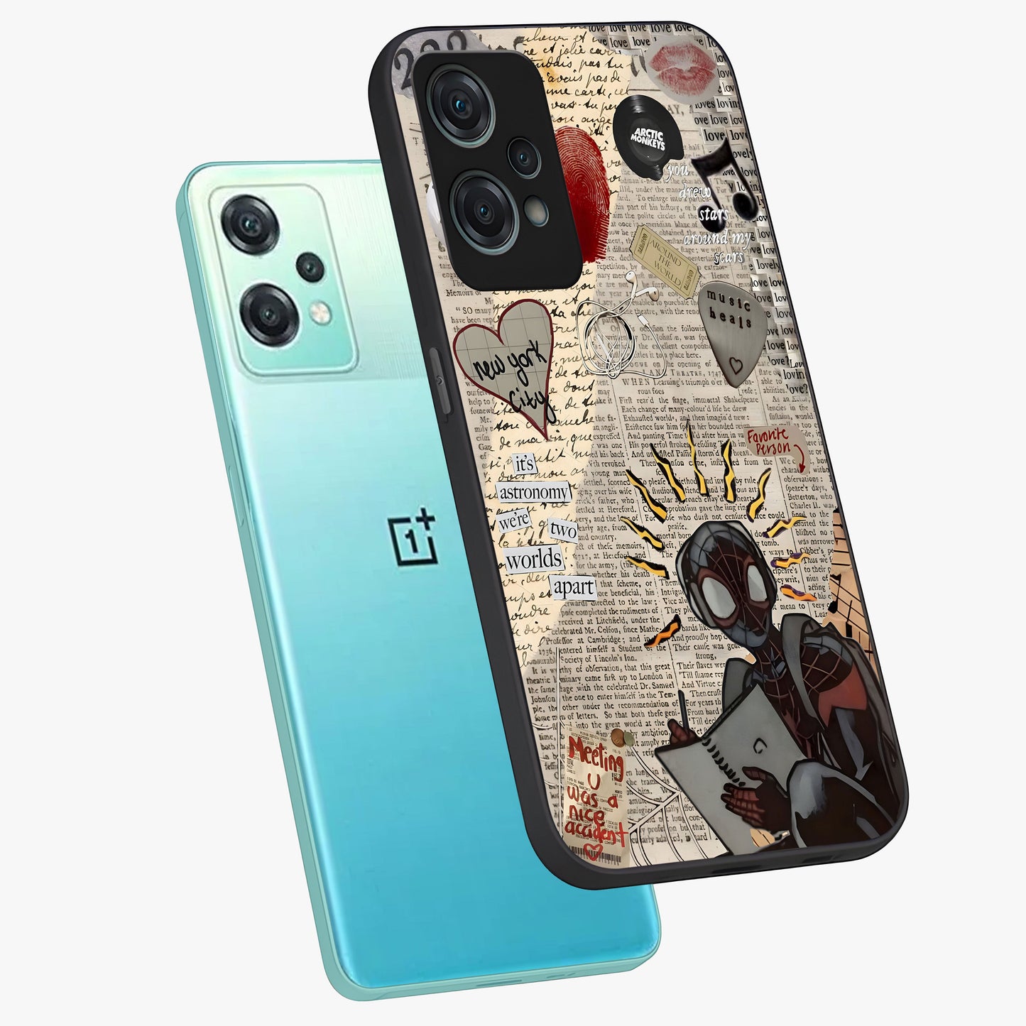 City Dream Sketch Glass Case for 1+Nord Ce 2 Lite captured at a warm angle highlighting urban line details, gloss, and edge clarity.