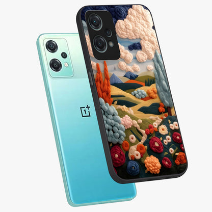 Cloud Cotton Meadows Printed Glass Case for 1+Nord Ce 2 Lite angled mockup showcasing glossy glass finish and airy pastel design