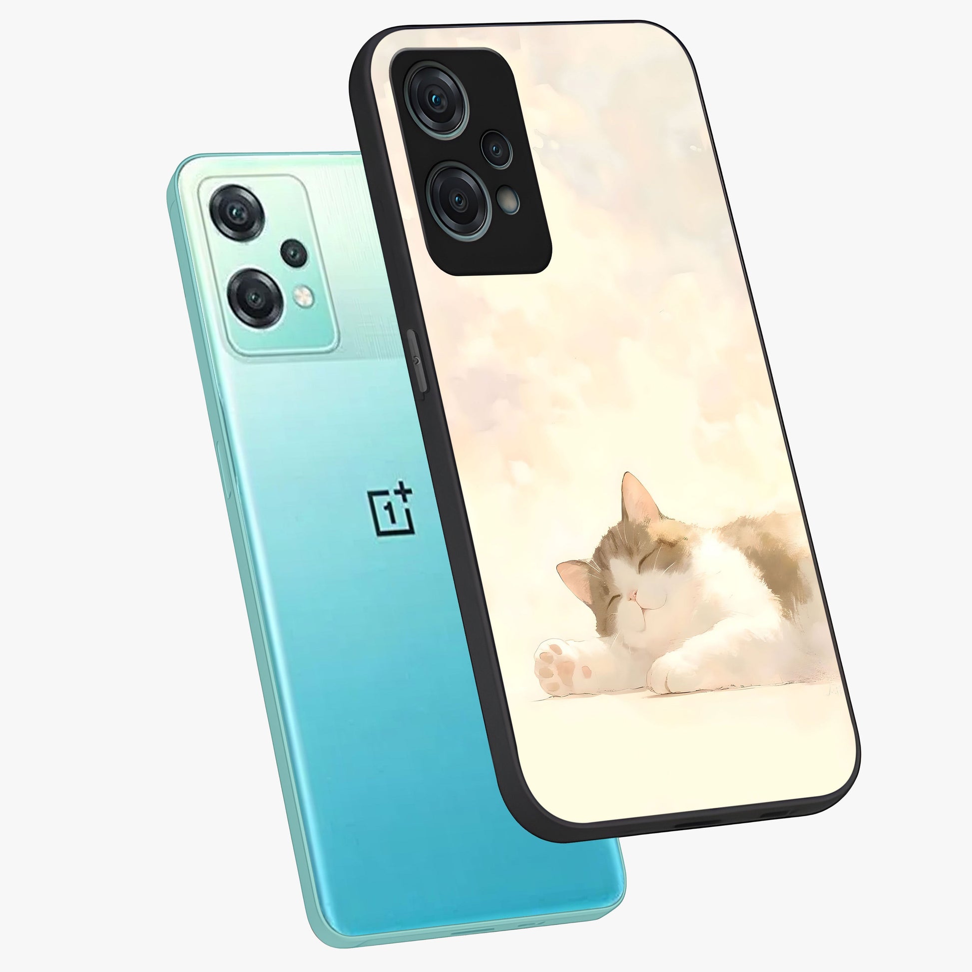 Cloud Nap Cat Glass Case for 1+Nord Ce 2 Lite angled mockup showcasing glossy finish and cozy pastel tones